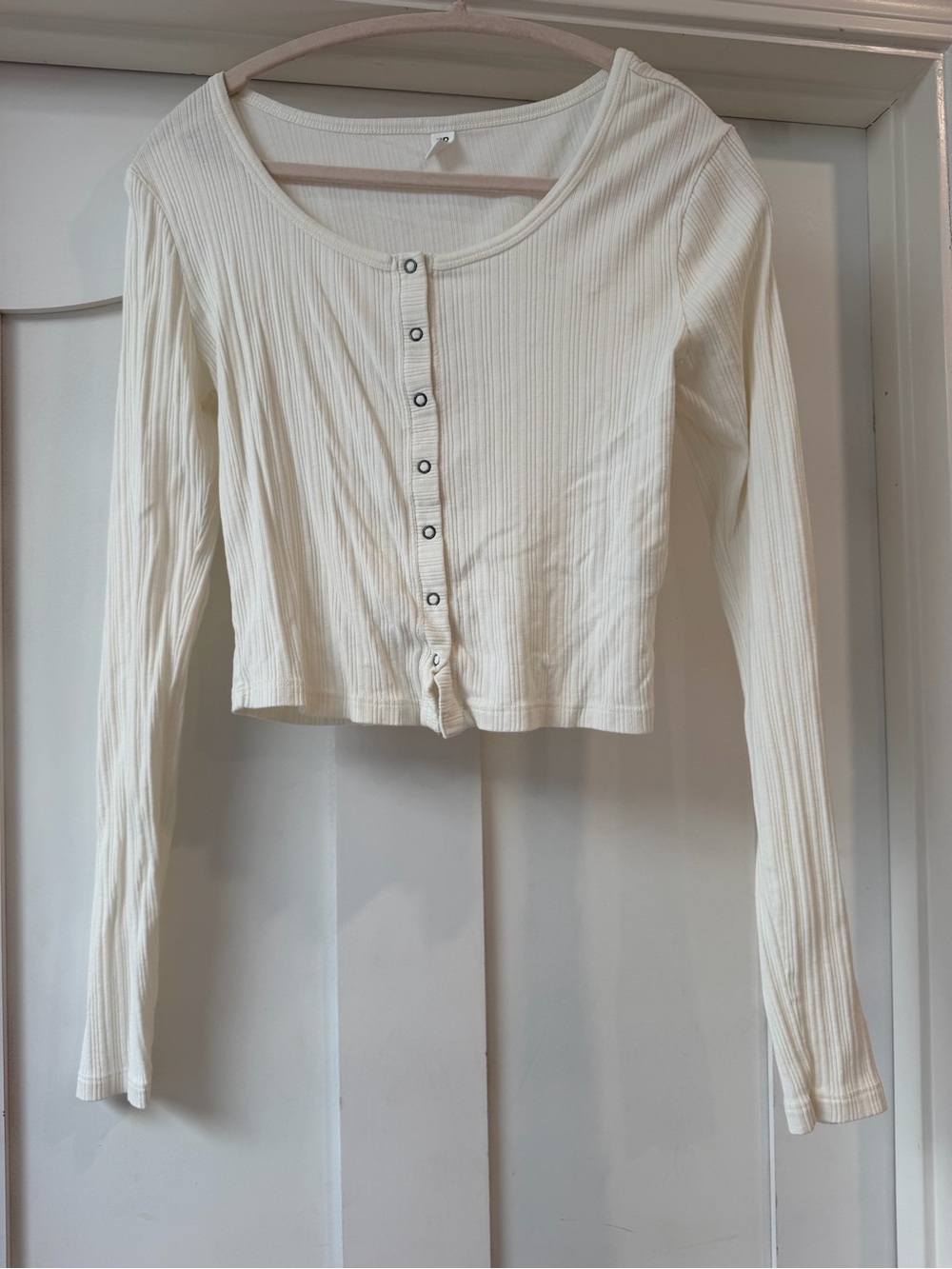bp Ivory Ribbed Snap-Front Long Sleeve Crop Top